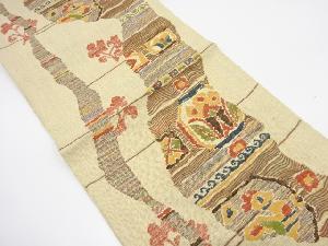 手織り紬　よろけ縞に花鳥更紗模様織り出し　名古屋帯